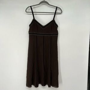 Feraud Pleated Mini Dress Womens Size 10 Brown Silk Strappy Sleeve Sweetheart